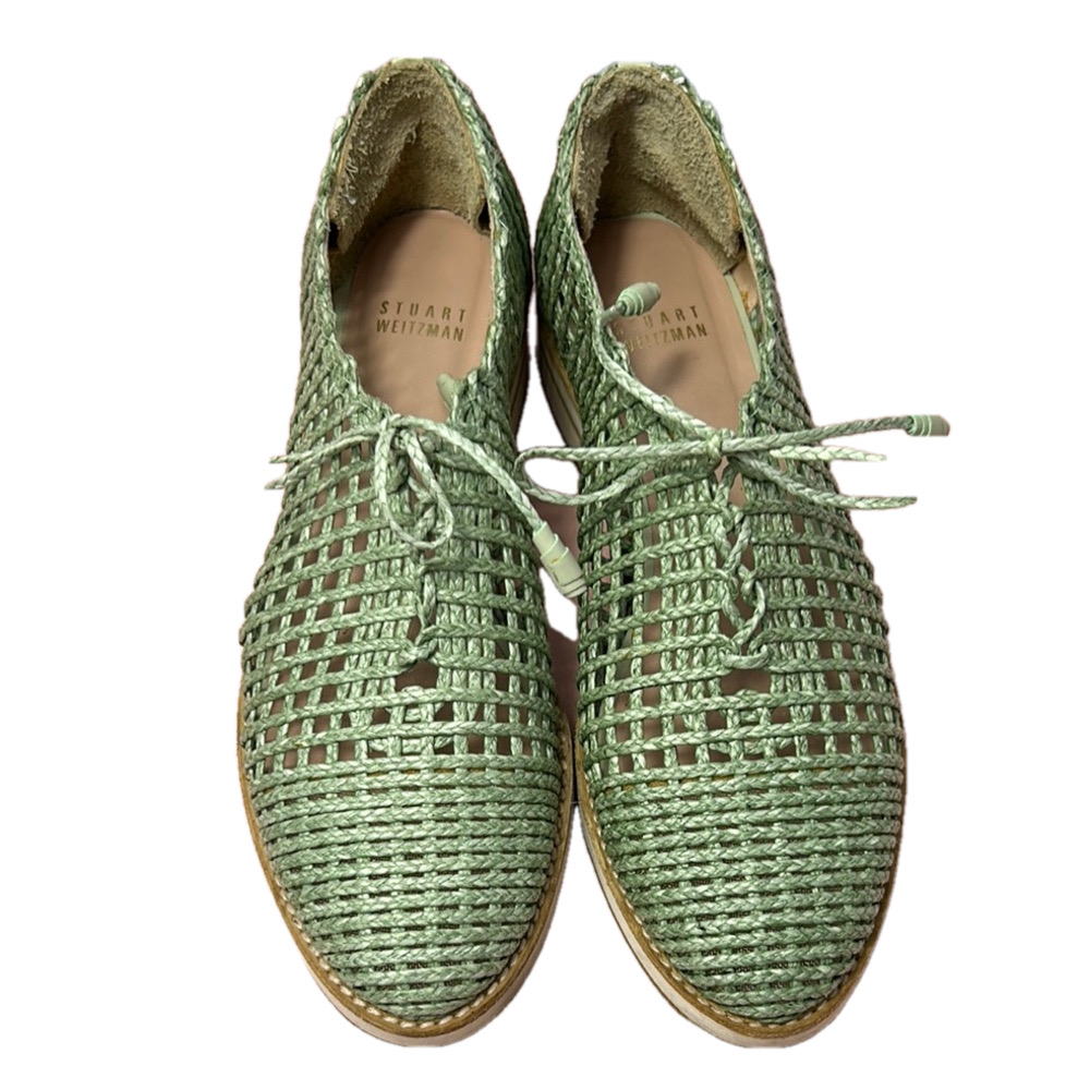 Stuart Weitzman Woven Lace-Up Flats in Light Green